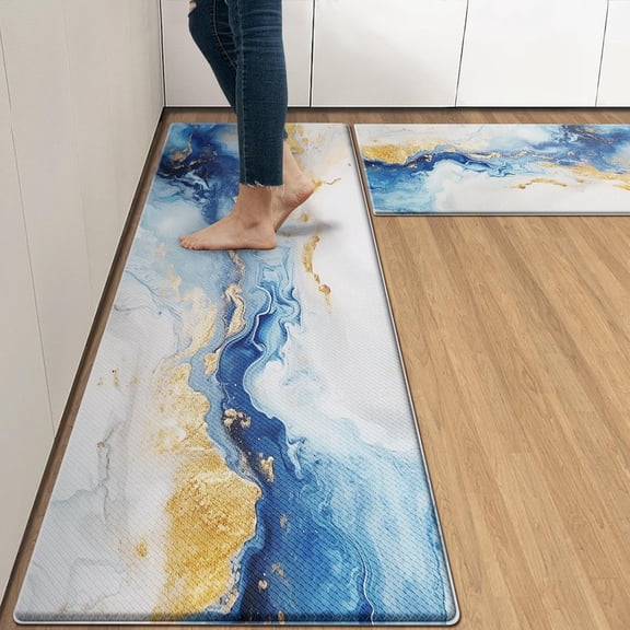 Marble Golden Anti-Fatigue Kitchen Rug Set of 2 Blue Geometric Farmhouse Vintage Cushioned Kitchen Floor Standing Mat Waterproof Non-Slip Kitchen Mat and Rugs PVC Ergonomic Comfort Foam Rug
