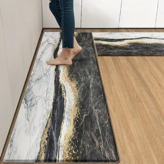 Marble Golden Stone Anti-Fatigue Kitchen Rug Set of 2 Black Gold Glitter Vintage Cushioned Kitchen Floor Standing Mat Waterproof Non-Slip Kitchen Mat and Rugs PVC Ergonomic Comfort Foam Rug