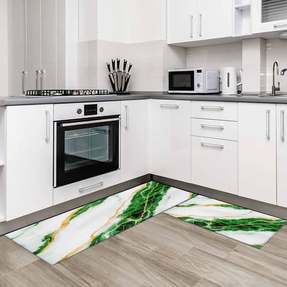 Marble Green 2 Pieces Non-Slip Kitchen Mat Set Gold Foil Ceramic Style Crack Scratch Soft Door Mat with Rubber Backing,Dirtproof Rugs for Entrance Doorway 23.6x35.4in+23.6x70.9in