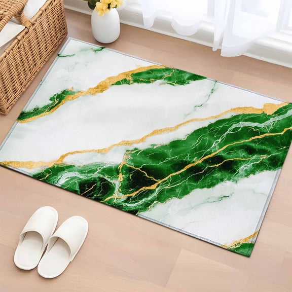 Marble Green Bathroom Rug Washable 2x3 Entryway Rug Non Slip Gold Foil Ceramic Style Crack Scratch Front Door Mat Low Pile Indoor Doormat Throw Floor Carpet for Kitchen Bedroom Entrance