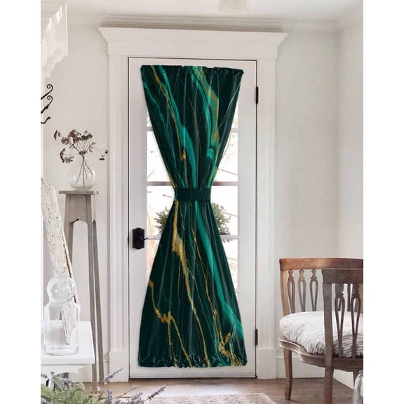 Marble Green Blackout Door Curtains for French, Glass,Front, Back, Patio Door, Retro Abstract Ombre Gold Nature Cracks Thermal Insulated Rod Pocket Window Curtain Drapes With Tiebacks 25"x72"