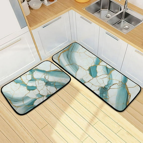 Marble Green Kitchen Rugs Set of 2 Non Slip Floor Foam Mat Cushioned Soft Waterproof Carpet Runner for Dining Room Laundry