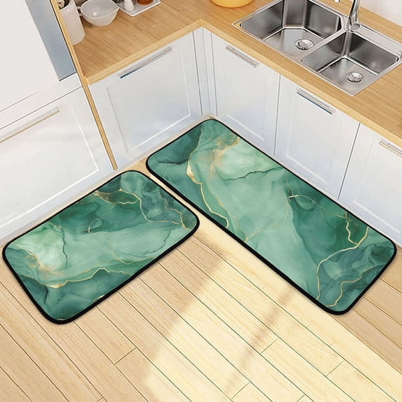 Marble Green Kitchen Rugs Set of 2 Non Slip Floor Foam Mat Cushioned Soft Waterproof Carpet Runner for Dining Room Laundry