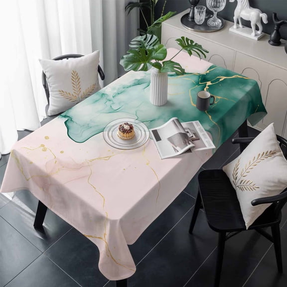 Marble Green Table Cloth Waterproof Tablecloths, Pink Gold Modern Foil Glitter Wavy Art Tablecloth Dining Table Cover for Kitchen Party Tabletop Outdoor, Rectangle Tablecloth 60x120 Inch