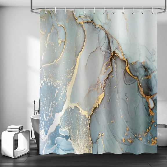 Marble Grey Abstract Shower Curtain 72x72 inch, Blue Gold Luxury Gradient Bathroom Decor Set, Gold Black Ombre Paint Shower Curtains Waterproof Fabric with Hooks