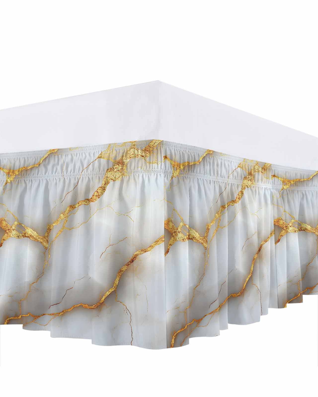 Marble Grey Bed Skirt Queen Size, Gold Texture Modern Crack Scenery Wrap Around Bed Skirting with Adjustable Elastic Strap, Dust Ruffle Pleated Bedskirts 16 Inch Drop for Bedroom Queen Beds