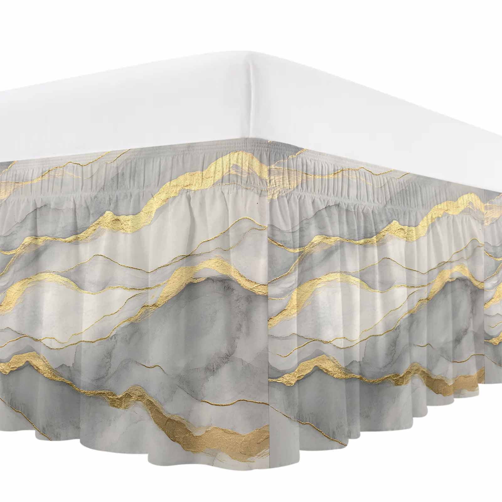 Marble Grey Bed Skirt Queen Size, Modern Gold Luxury Neutral Texture Wrap Around Bed Skirting with Adjustable Elastic Strap, Dust Ruffle Pleated Bedskirts 16 Inch Drop for Bedroom Queen Beds