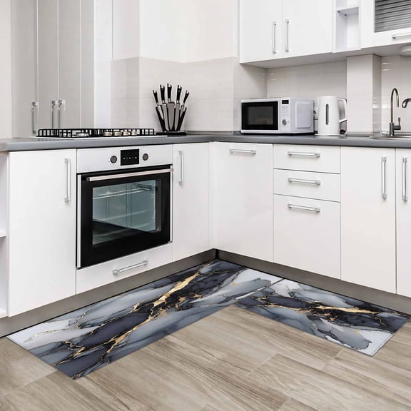 Marble Grey Black 2 Pieces Non-Slip Kitchen Mat Set Gradient Gold Marbling Modern Art Soft Door Mat with Rubber Backing,Dirtproof Rugs for Entrance Doorway 19.7x31.5in+19.7x47.2in