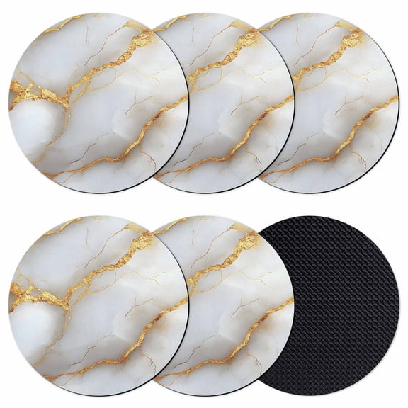 Marble Grey Coasters Set of 6, Gold Texture Modern Crack Scenery Absorbent Coasters for Drinks, Coaster for Bar Office Dining Coffee Table Accessories Decor, Non Slip Round Desk Coaster