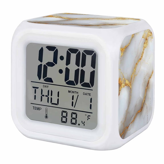 Marble Grey Digital Alarm Clock for Bedrooms, Smart LED Alarm Clock with 7 Color Changing Night Light, Gold Texture Modern Crack Scenery Silent Wake Up Clocks for Sleep Study Cooking 3.2"x3.2"