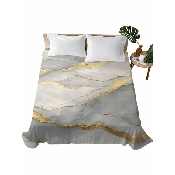 Marble Grey Flat Sheets Only King Size, Soft Breathable Bed Top Sheets for Mattress, Modern Gold Luxury Neutral Texture Luxury Bedding Flat Sheets for Home Hotel Bedroom Bed Protection