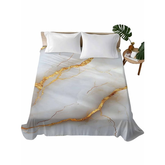 Marble Grey Flat Sheets Only Queen Size, Soft Breathable Bed Top Sheets for Mattress, Gold Texture Modern Crack Scenery Luxury Bedding Flat Sheets for Home Hotel Bedroom Bed Protection