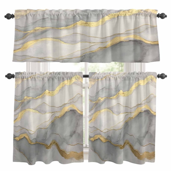 Marble Grey Kitchen Curtains Sets for Windows 24 Inch Length, Modern Gold Luxury Neutral Texture Rod Pocket Window Treatments Tier Curtains and Valances Set for Bedroom/Bathroom
