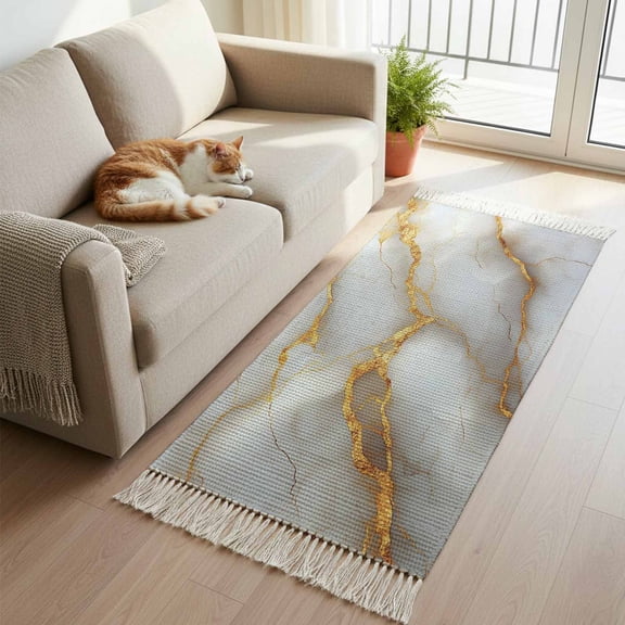 Marble Grey Kitchen Runner Rug 2'x4', Gold Texture Modern Crack Scenery Washable Rug with Tassels, Non Slip Woven Cotton Bathroom Rugs Hallway Carpet for Foyer Bedroom Entry Back Door Decor