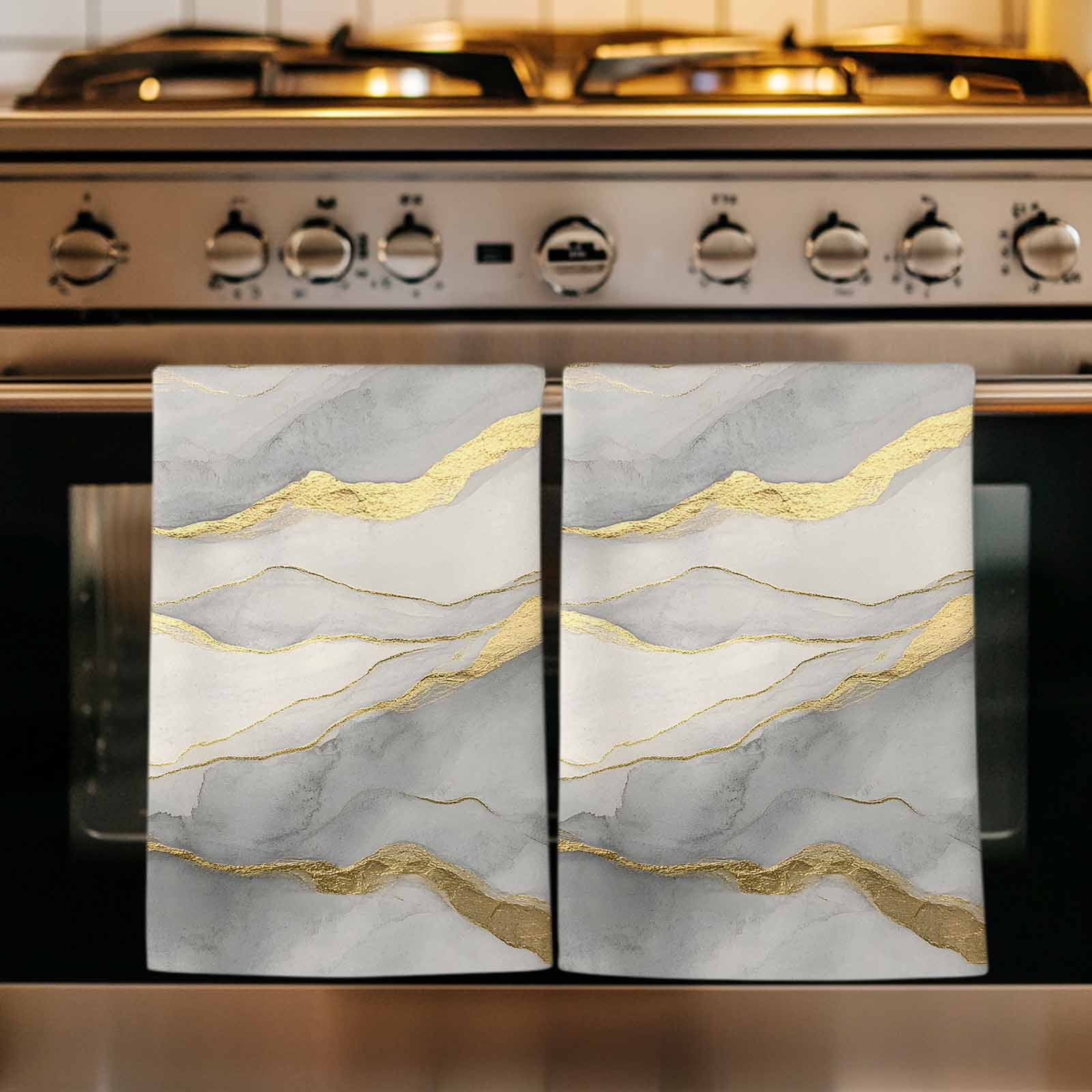 Marble Grey Kitchen Towels Set of 2, Modern Gold Luxury Neutral Texture Absorbent Dish Towels for Kitchen, Microfiber Hand Towel, Quick Drying Tea Towel for Cleaning Decorative Dishcloths