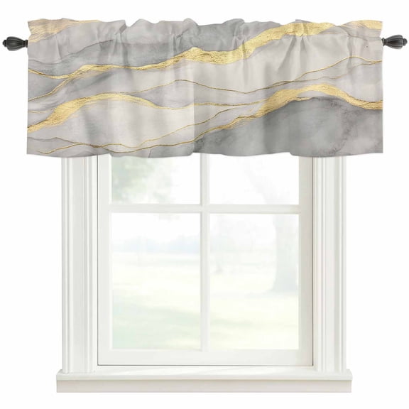 Marble Grey Kitchen Valances for Windows, Modern Gold Luxury Neutral Texture Bathroom Window Valances 42x12 Inch Rod Pocket Window Treatments Valance Curtains for Living Room Bedroom Decor