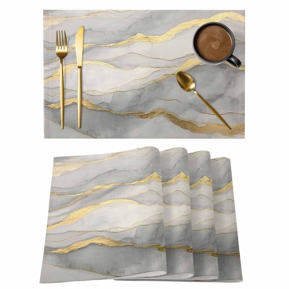 Marble Grey Placemats Set of 2, Cotton Linen Fabric Place Mats, Modern Gold Luxury Neutral Texture Washable Decorative Table Mats Protector for Home Kitchen Dining Wedding Party Coffee Tables
