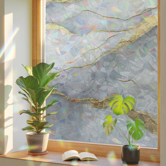 Marble Grey Privacy Window Film, Decorative Stained Glass Window Film, Modern Gold Luxury Neutral Texture Resuable Rainbow Static Cling for Home Bathroom Living Room Glass Door 17.7"x39.3"
