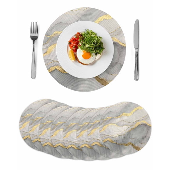Marble Grey Round 15 Inch Placemats Set of 8, Modern Gold Luxury Neutral Texture HeatResistant Non Slip Place Mats for Dining Table, Wipeable Braided Kitchen Table Mats for Housewarming