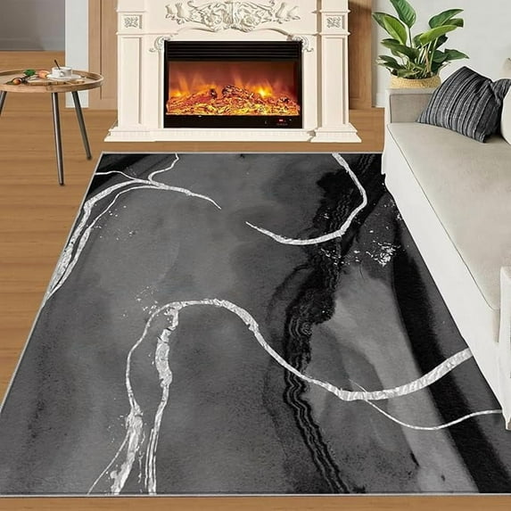 Marble Grey Rug For Living Room, Modern Abstract Washable Rugs, Low-Pile With Non-Slip Backing Non-Shedding Indoor Rug For Bedroom Dining Room Under Table 3 x 5ft