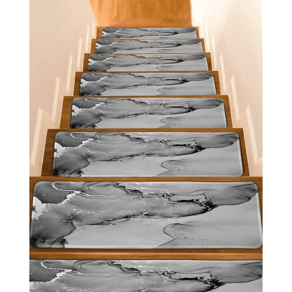 Marble Grey Stair Treads for Wooden Steps Indoor Runner Rug Carpet, Modern Abstract Ink Painting Luxury 4 Pieces Peel and Stick Staircase Step Treads Covers Washable Throw Door Mats, 30"x8"