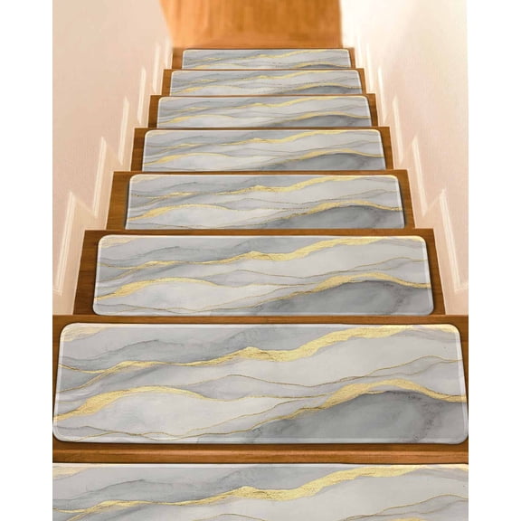 Marble Grey Stair Treads for Wooden Steps Indoor Runner Rug Carpet, Modern Gold Luxury Neutral Texture 4 Pieces Peel and Stick Staircase Step Treads Covers Washable Throw Door Mats, 30"x8"