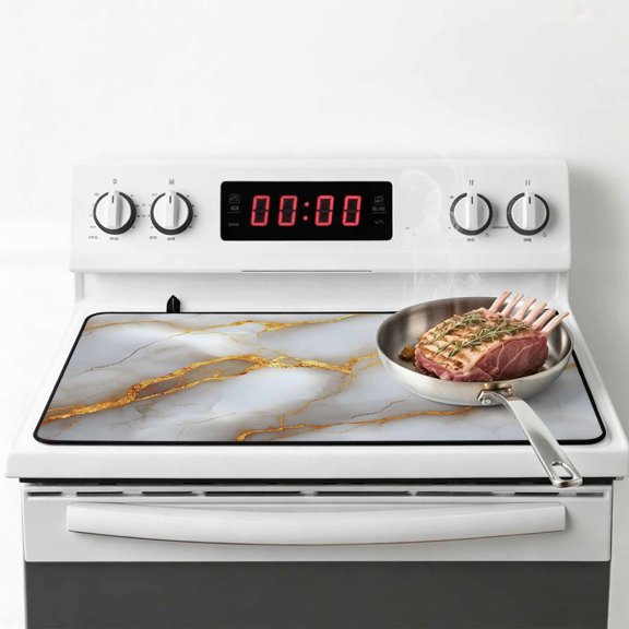 Marble Grey Stove Top Cover for Electric Stove, Heat-proof & Non Slip Glass Top Stove Cover Protector, Gold Texture Modern Crack Scenery Kitchen Flat Cooktop Rubber Mat 28.5x20.5 Inches
