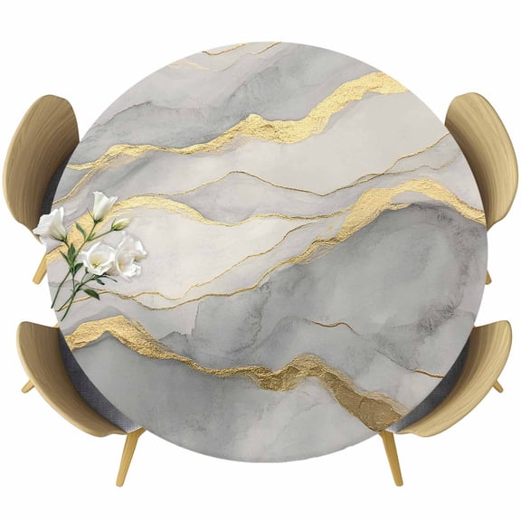 Marble Grey Table Cloth, Round Fitted Tablecloths with Elastic Edge, Modern Gold Luxury Neutral Texture Wipeable Waterproof Table Cover for Kitchen Wedding 36-44 Inches