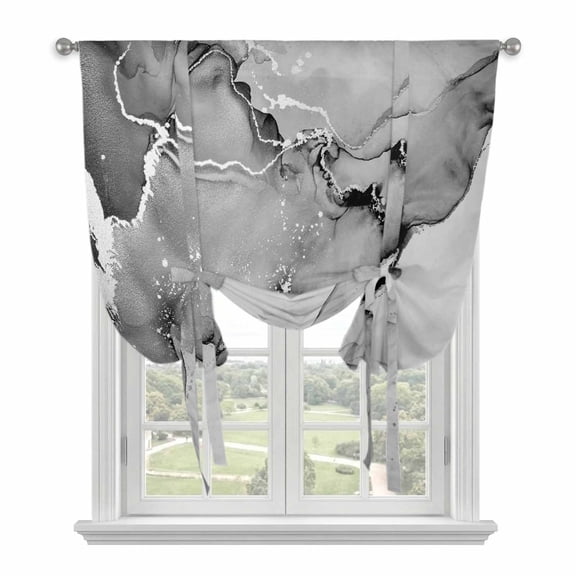 Marble Grey Tie Up Curtains for Windows, Adjustable Rod Pocket Valance Shade, Modern Abstract Ink Painting Luxury Light Filtering Window Treatment for Kitchen Bedroom Living Room 34"x 45"