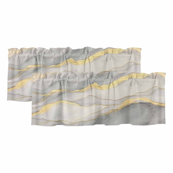 Marble Grey Valances for Windows, Decorative Rod Pocket Window Valance Curtains, Modern Gold Luxury Neutral Texture Short Curtain Drapes for Kitchen/Bathroom/Living Room, 2 Panels, 42" W x 12" L