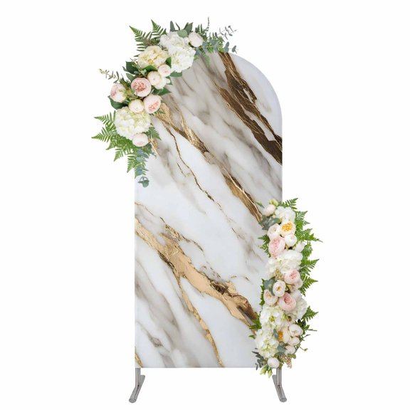 Marble Grey White Arch Backdrop Cover, Spandex Fitted Wedding Arch Cover, Abstract Cracked Crystal Gold Lines Round Top Stand Covers for Birthday Ceremony Bridal Shower Party Decor 4x1.65 Ft