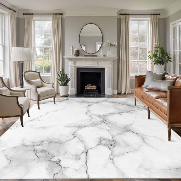 Marble Grey White Area Rug 6x9 FT, Non Slip Living Room Throw Carpet, Cracked Rock Greyscale Fake Stone Washable Soft Large Floor Carpet Non-Shedding Rug for Bedroom Dining Room Play Room