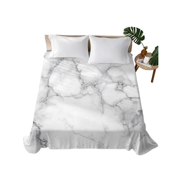 Marble Grey White Flat Sheets Only King Size, Soft Breathable Bed Top Sheets for Mattress, Cracked Rock Greyscale Stone Luxury Bedding Flat Sheets for Home Hotel Bedroom Bed Protection