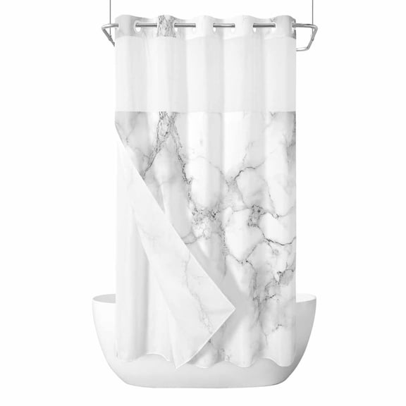 Marble Grey White No Hook Shower Curtain Waterproof, Bathroom Curtains with Snap in Liners and See Through Top Window, Cracked Rock Greyscale Fake Stone Hotel Style Bathtub Curtains Shower 54"Wx78"L