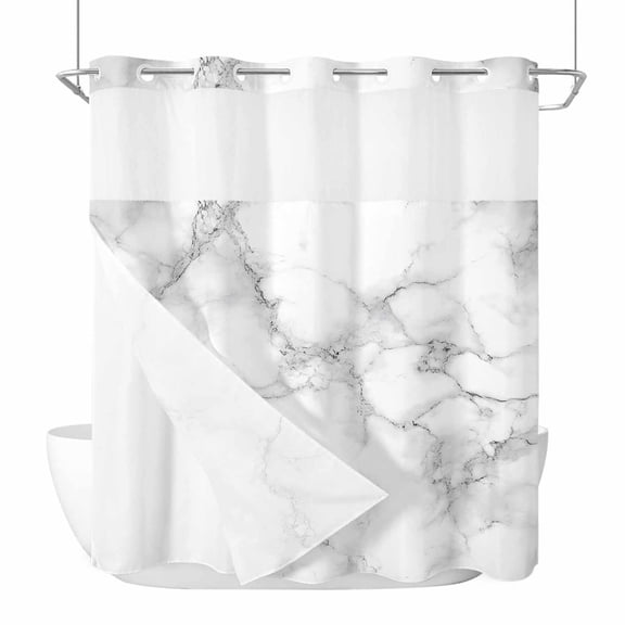Marble Grey White No Hook Shower Curtain Waterproof, Bathroom Curtains with Snap in Liners and See Through Top Window, Cracked Rock Greyscale Fake Stone Hotel Style Bathtub Curtains Shower 72"Wx72"L