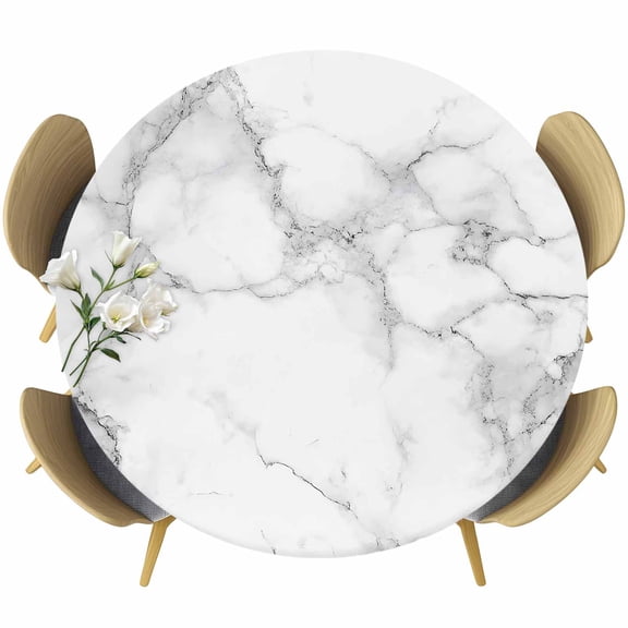 Marble Grey White Table Cloth, Round Fitted Tablecloths with Elastic Edge, Cracked Rock Greyscale Fake Stone Wipeable Waterproof Table Cover for Kitchen Wedding 55-60 Inches