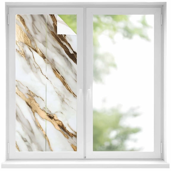 Marble Grey White Window Privacy Film, Abstract Cracked Crystal Gold Lines Static Cling UV Sun Blocking Heat Control Window Tint, Non-Adhesive One Way Windows Privacy Cover 17.7''x39.3''