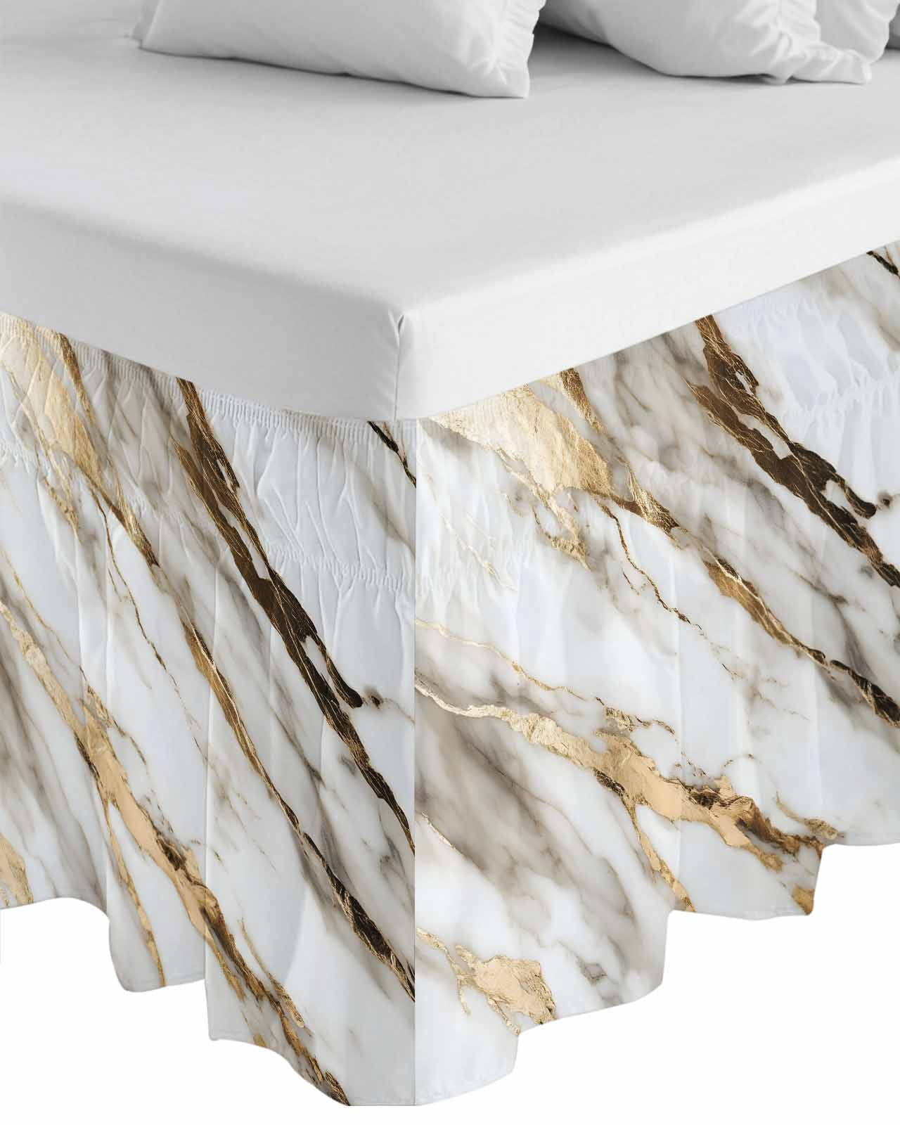Marble Grey White Wrap Around Bed Skirts for Queen Bed 16" Drop,Bed Skirt with Adjustable Elastic Belt Dust Ruffle Bed Valance for Bedroom Hotel Abstract Cracked Crystal Gold Lines Bed Frame Cover