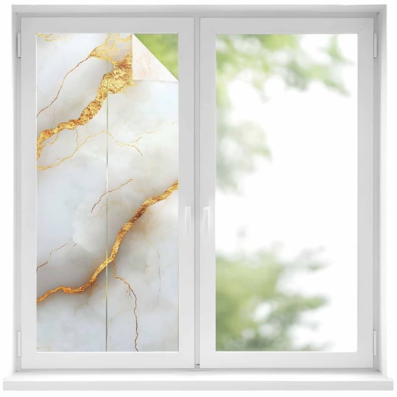Marble Grey Window Privacy Film, Gold Texture Modern Crack Scenery Static Cling UV Sun Blocking Heat Control Window Tint Day and Night, Non-Adhesive One Way Windows Privacy Cover 17.7''x39.3''