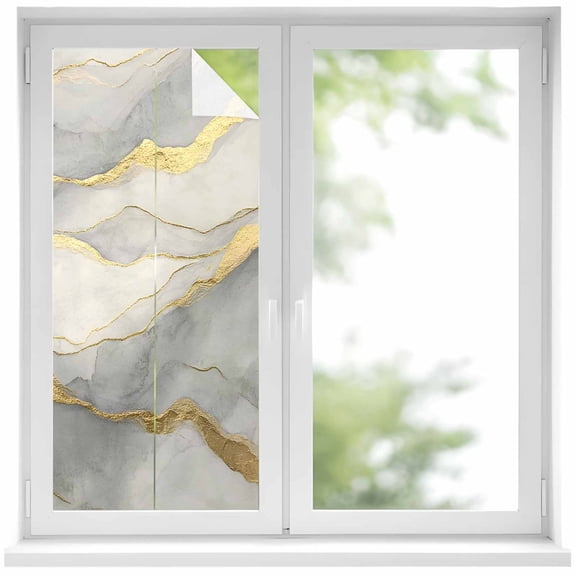 Marble Grey Window Privacy Film, Modern Gold Luxury Neutral Texture Static Cling UV Sun Blocking Heat Control Window Tint Day and Night, Non-Adhesive One Way Windows Privacy Cover 17.7''x39.3''