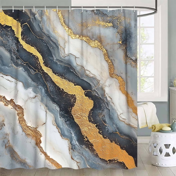 Marble Grey and Gold Dreamy Ink Art Shower Curtain, Abstract Luxury Modren Shower Curtains for Bathroom,Fabric Bath Curtain with Hooks, 72x72in
