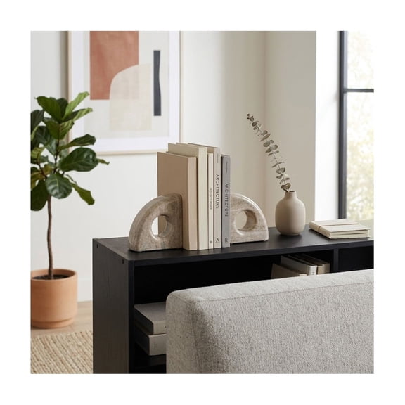 Marble Half-Moon Book Ends for Shelves - Sleek Book Accessories for Home Library Accent - Decorative Bookends for Office Bookshelf, Desk or Living Room - Set of 2, 6", Tan & Ivory