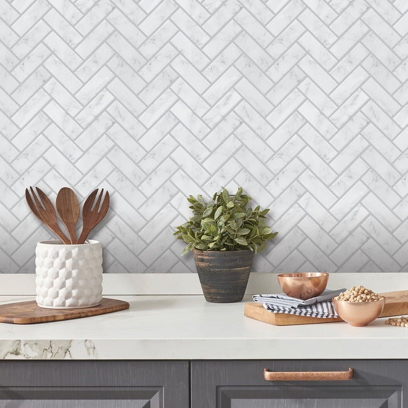 White Marble Herringbone Peel and Stick Vinyl Tile