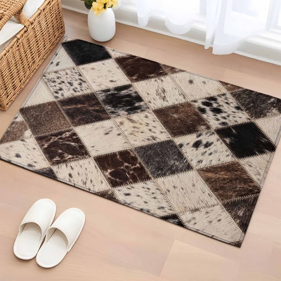 Marble Hide Entryway Rug 2'x3' Rustic Vintage Abstract Brown Grey White Diamond Plaid Small Area Rug Non-Slip Front Door Mat Washable Floor Carpet for Indoor Entrance Kitchen Bathroom