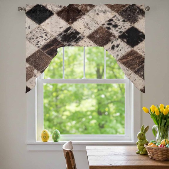 Marble Hide Swag Valances for Kitchen Window, Rustic Vintage Abstract Brown Grey White Diamond Plaid Small Swag Valances Rod Pocket Curtain Drapes Window Treatment for Bedroom Bathroom, 56x36 Inch