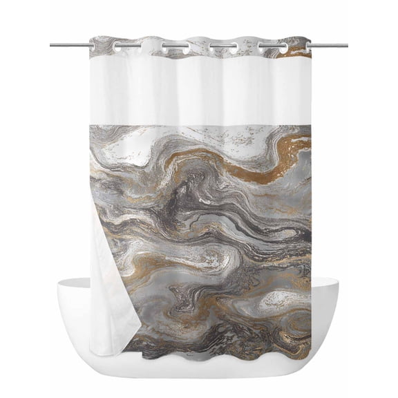 Marble No Hook Shower Curtain and Liner Set Abstract Fluid Art Grey Brown Marble Texture Modern Shower Curtains with Snap-in Liner & See Through Top Window Hotel Style for Bathroom Decor 48x72 Inch