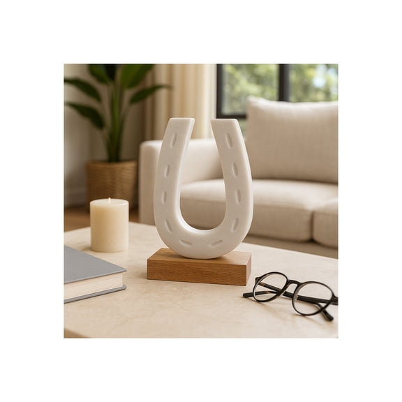 Marble Horseshoe Sculpture on Wood Base for Home Decor - Statue Figurine for Bathroom, Office, or Living Room Decor - Elegant Ornament for Shelf and Coffee Table Accent - 8", White & Brown