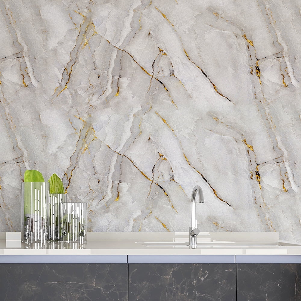 Marble Imitation Tile Wall Sticker Self Adhesive Kitchen Background Oil Proof Tile Sticker, 2Pcs 16" x 40" Peel and Stick Backsplash