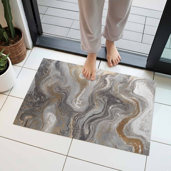 Marble Indoor Door Mat 16x24 Inch Abstract Fluid Art Grey Brown Marble Texture Modern Front Door Mat Non Slip Washable Entryway Rug Low Profile Dirt Trapper Doormat for Bathroom Kitchen Bedroom