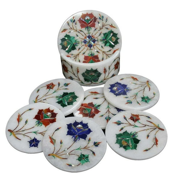Marble Inlay Coasters Set Premium Stone Coasters with Lapis Lazuli Inlay for Elegant Home Dcor and Drinkware